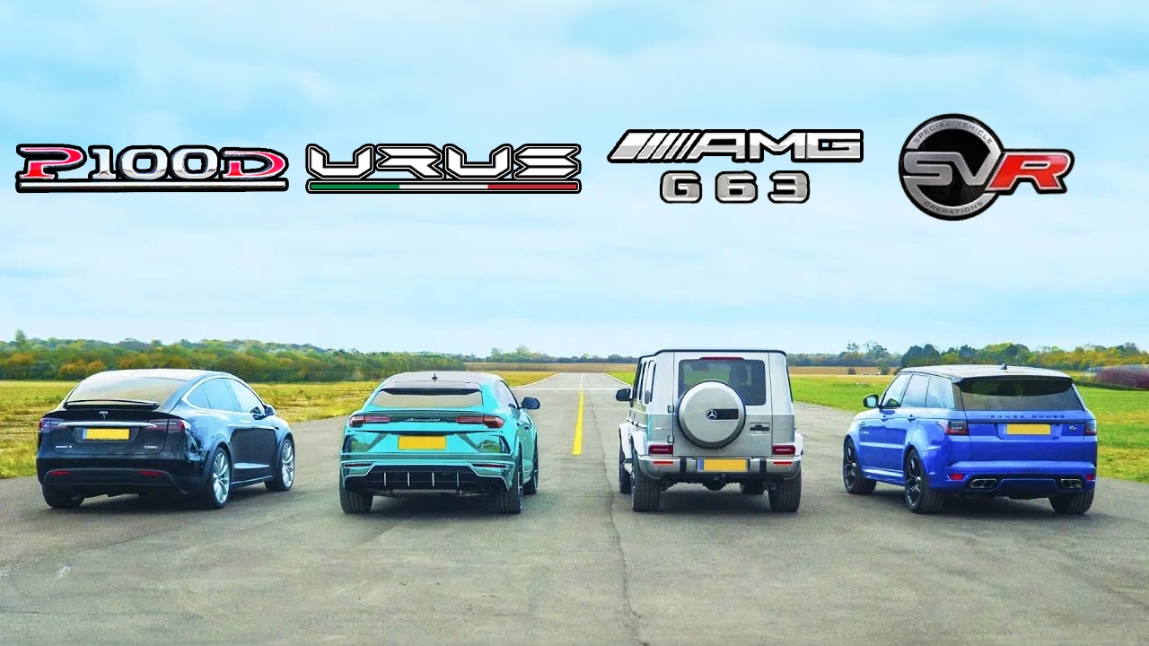 Lamborghini Urus v Tesla Model X v Mercedes-AMG G63 v Range Rover Sport SVR: DRAG RACE