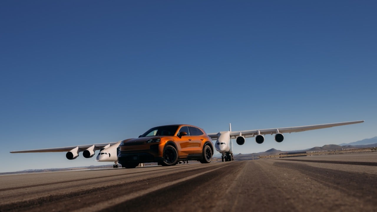 Can the Porsche Cayenne Turbo Electric keep pace with the world's largest aircraft?