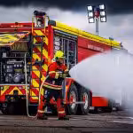 hasič strieka vodu hadicou