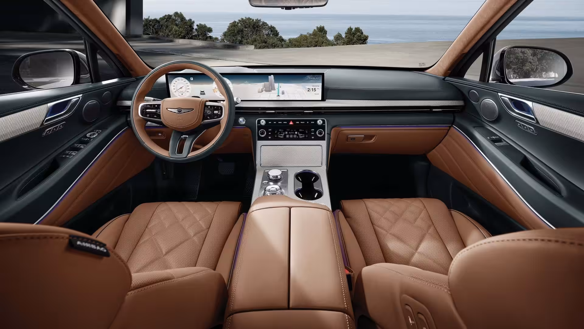 Genesis GV80 Coupe pohľad na interiér, palubnú dosku, displeje, volant a sedadlá