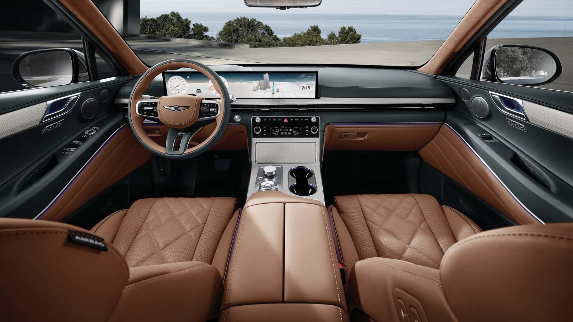 Genesis GV80 Coupe pohľad na interiér, palubnú dosku, displeje, volant a sedadlá