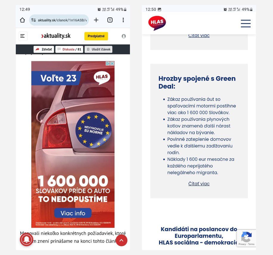 Snímka obrazovky denníka Aktuality s reklamným bannerom a webstránkou strany HLAS (reprofoto)