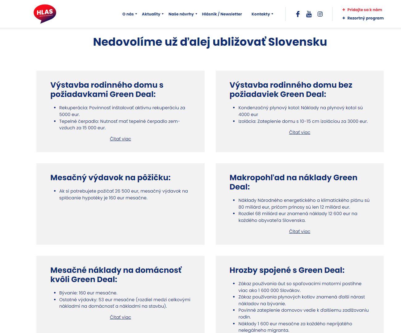 Podstránka s eurokandidátkou strany HLAS sa začína zoznamom možných hrozieb, ktoré prináša Green Deal pre Slovensko (reprofoto)