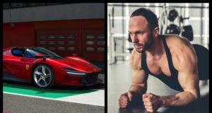Ferrari Daytona a muž, ktorý cvičí plank