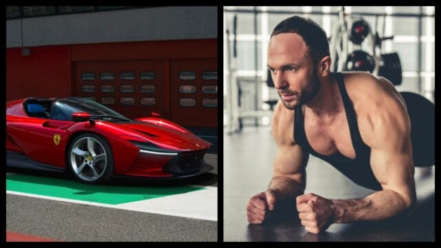 Ferrari Daytona a muž, ktorý cvičí plank