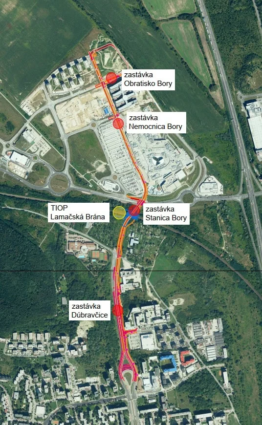 vizualizácia električkovej trate na Bory