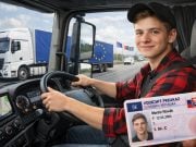 mladý vodič sediaci za volantom nákladného vozidla