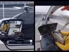 Fred North prelet helikoptéry popod diaľničný most pri Žiline